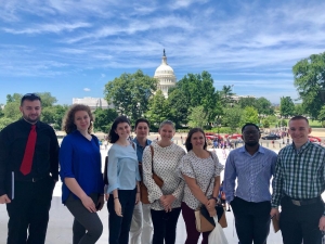 (Left to right) Students Daniel Frye, Ashely Tauscher, Annah Seaford, Brian Bauk, Darby Adams, Amber Layfield, Travian Smith, Aaron Pura on the Department of Government and Justice Studies “Justice in D.C.” Study Away trip in summer 2019. Photo submitted by Aaron Pura.