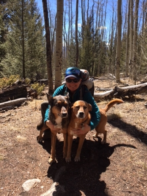 Breece Robertson '00 on the Colorado Trail near Mount Shavano with her dogs Ellie and Maple. 