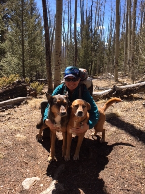 Breece Robertson '00 on the Colorado Trail near Mount Shavano with her dogs Ellie and Maple.