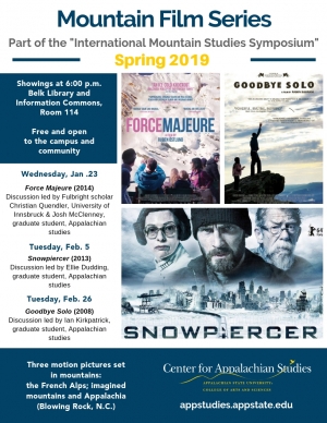 Mountain Film Series Poster with images of the 3 films: Force Majeure, Snowpiercer and Goodbye Solo.