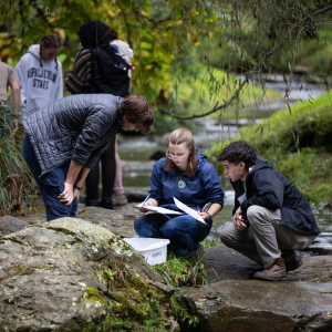 Three people examine papers and a plastic container while sitting on rocks beside a stream; others stand in the background near trees and water.
