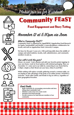 The AppalFRESH Collaborative hosts Community FEaST (Food Engagement and StoryTelling) virtual this year. Flyer with details about the event.
