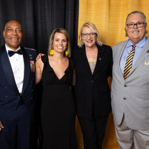 App State Chancellor Sheri Everts, second from right, with the recipients of the 2023 App State Alumni Awards: Brian “Scotty” McCullough ’89 ’98, far left; Stacy Roberson Reedy ’06 ’07, second from left; and C. Philip Byers ’85, far right. App State’s Alumni Association presented the recipients with their awards during the Alumni Awards Gala, held July 15 in the Grandview Ballroom on the Boone campus as part of Alumni Weekend. Photo by Chase Reynolds