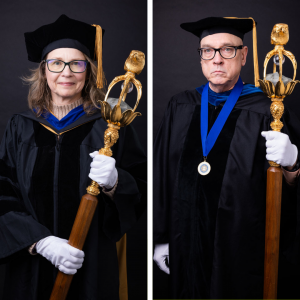 Dr. Carol Babyak, associate professor in the Department of Chemistry and Fermentation Sciences, and Dr. Clark Maddux, professor in the Department of Interdisciplinary Studies, will serve as macebearers for the Spring 2025 College of Arts and Sciences (CAS) Commencement Ceremonies.