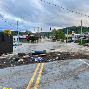 Damage inflicted by Helene to the Biltmore Village area of Asheville, pictured on Sept. 28. Credit: NCDOTcommunications