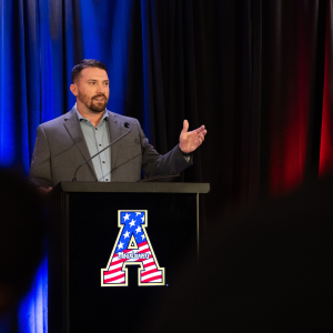 Two-time App State alumnus and former U.S. Army Special Operations Ranger Dan Blakeley ’15 ’18, who served in the 2nd Battalion, 75th Ranger Regiment, speaks at the university’s annual Veterans Day Ceremony, held Nov. 11 in the B.B. Dougherty Administration Building on App State’s Boone campus. Photo by Chase Reynolds