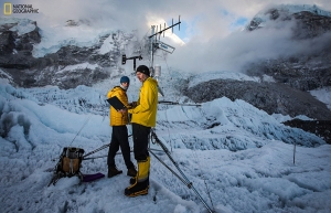 Dr. Baker Perry, professor in Appalachian State University’s Department of Geography and Planning, right, and his expedition team member Dr. Tom Matthews, work on the automated weather station at the Mount Everest Base Camp. Perry and Matthews were members of the 2019 National Geographic and Rolex Perpetual Planet Everest Expedition. Learn more at www.natgeo.com/everest. Photo by Freddie Wilkinson, National Geographic.