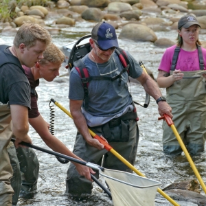 Dr. Shea Tuberty, professor in App State’s Department of Biology, center, introduces electric current into Wilson Creek to stun, then capture, classify, measure and return fish specimens to the water.