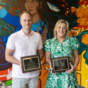 App State’s Division of Academic Affairs recognized Dr. Dave McEvoy, chair of the Department of Economics, left, and Dr. Tracie McLemore Salinas, chair of the Department of Mathematical Sciences, as the recipients of this year’s Departmental Leadership Awards. McEvoy and Salinas received their awards on July 16, during the university’s Chancellor’s Chair Summer Institute, which was held on the Boone campus. Photo by Chase Reynolds