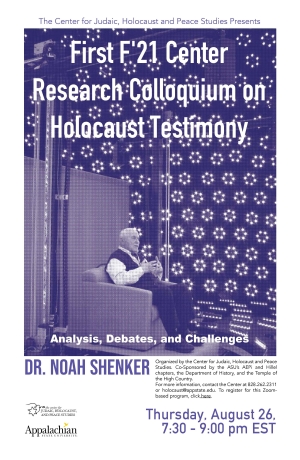 Promotional poster for Center for Judaic, Holocaust and Peace Studies Fall 2021 Research Colloquium on Holocaust Testimony