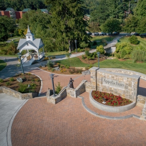 An aerial view of Founders Plaza, with statues of two of App State’s co-founders, B.B. Dougherty and Lillie Shull Dougherty, and Founders Bell Pavilion.