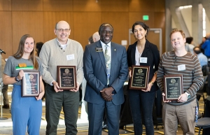 Dr. Jesse Lutabingwa, Appalachian’s associate vice chancellor of international education and development, director of international research and development and professor of public administration, center, with four recipients of Appalachian’s 2019 Global Leadership Awards at the awards luncheon held on campus Nov. 20 as part of the university’s annual Appalachian Global Symposium. Pictured with Lutabingwa, from left to right, are Megan Aeschleman, a senior middle grades education major from Oak Park, Illino