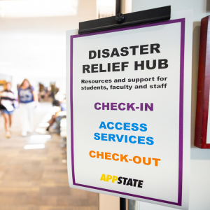 The App State Disaster Relief Hub opened in the Plemmons Student Union on Oct. 1, providing students, faculty and staff with resources and support after Hurricane Helene, including financial assistance through the App State Disaster Relief Fund. Alumnus Ryan Kennedy ’22, an administrative assistant in the Department of Psychology, volunteered at the hub for nearly three weeks. Photo by Kyla Willoughby