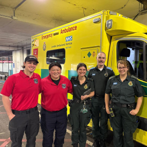 App State students and Mountaineer Medics Owen Troxell, far left, and Emily Bjerregaard, second from left, are pictured with members of the London Ambulance Service National Health Service Trust at an ambulance station in London. Photo submitted