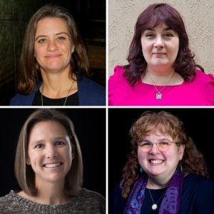 Top left (clockwise): Dr. Krista Lewis (photo submitted), Dr. Petia Bobadova (photo submitted), Dr. Cynthia M. Liutkus-Pierce (photo by University Communications) and Dr. Laura Ammon (photo by University Communications).
