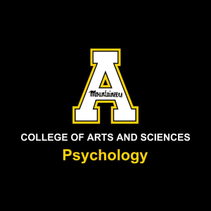 Appalachian State University's block "A" logo in white and gold on top of two lines of text. The top line reads "College of Arts and Sciences" in white and the bottom line reads "Psychology" in gold. The background of the image is black.