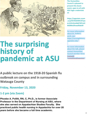Poster for the surprising history of pandemic at ASU event held by the Humanities Council
