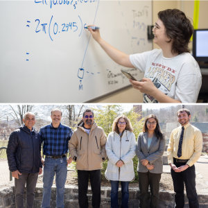 Top: App State senior Lex Foote, a Scholarships in STEM (S-STEM) Scholar in math from Linville, demonstrates an equation on the whiteboard. Bottom: From left to right: Dr. Rahman Tashakkori, Dr. Andrew Heckert, Dr. Mohammad Ali Javidian, Dr. Carol Babyak and Dr. Roshani Silwal. Photos by Chase Reynolds