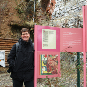 Dr. Alexandra Sterling-Hellenbrand, professor of German and global studies at App State, is pictured in the village of Stattegg, a suburb of Graz, Austria, in 2020 with a marker on one of the country’s eight literature pathways. She will serve as the Fulbright Visiting Professor of Cultural Studies at the University of Graz this spring. Photo courtesy of Dr. Alexandra Sterling-Hellenbrand