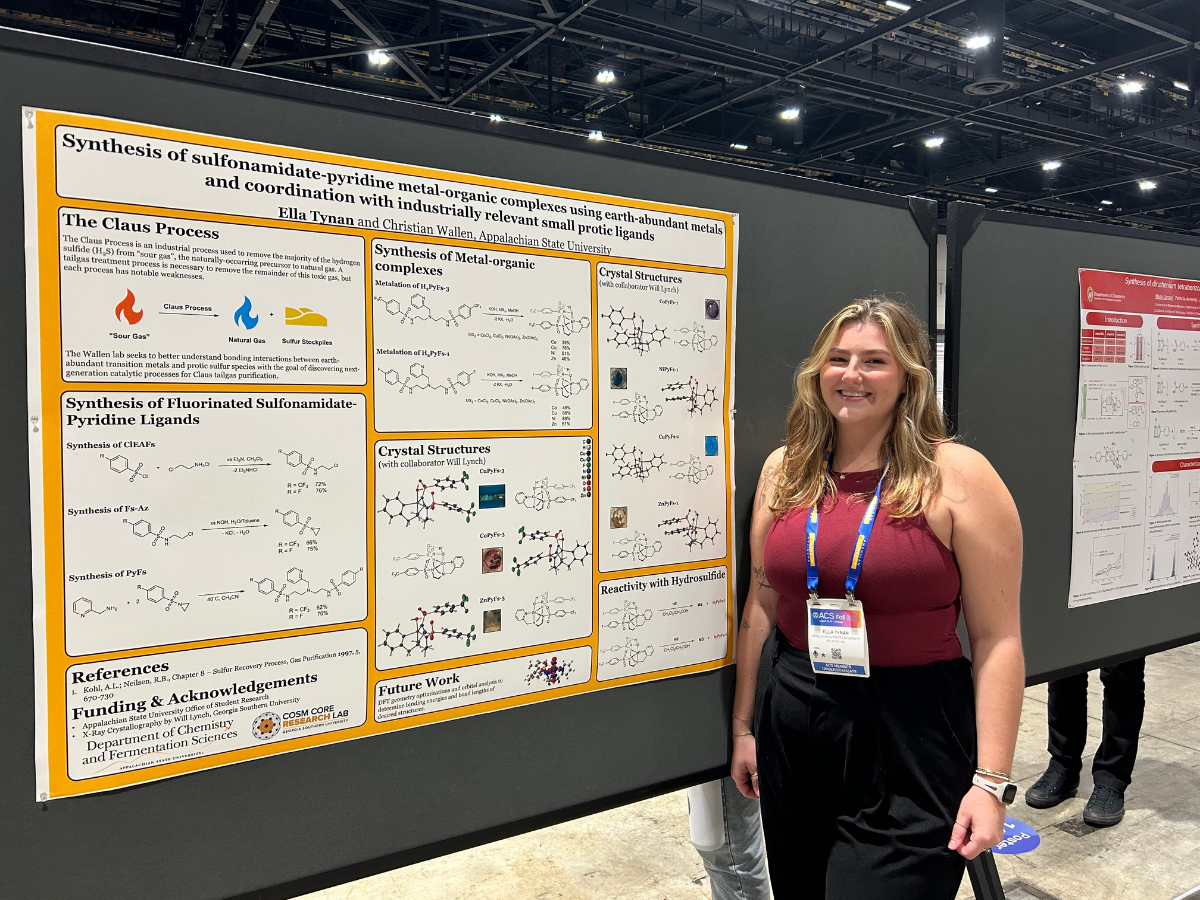 Smiling researcher stands beside a chemistry conference poster on sulfonamides, showcasing synthesis methods, molecular structures, and findings