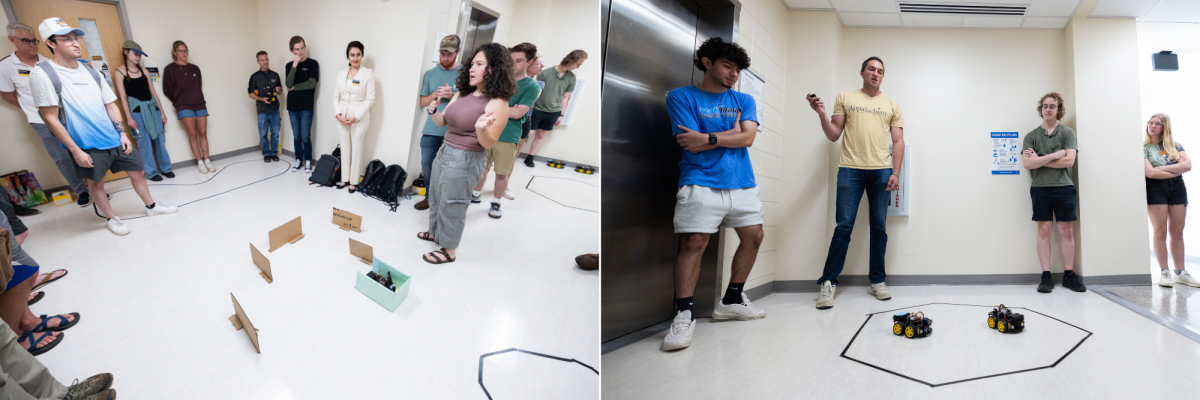 Left: Molly Watson, a senior computer science major and student in the Introduction to Robotics course, demonstrates her robotic vehicle's ability to avoid obstacles with a decision-making algorithm. Right: Alexander Jones, a junior computer science major and student in the Introduction to Robotics course, demonstrates his robotic vehicle's ability to remain inside perimeters. Photos by Chase Reynolds